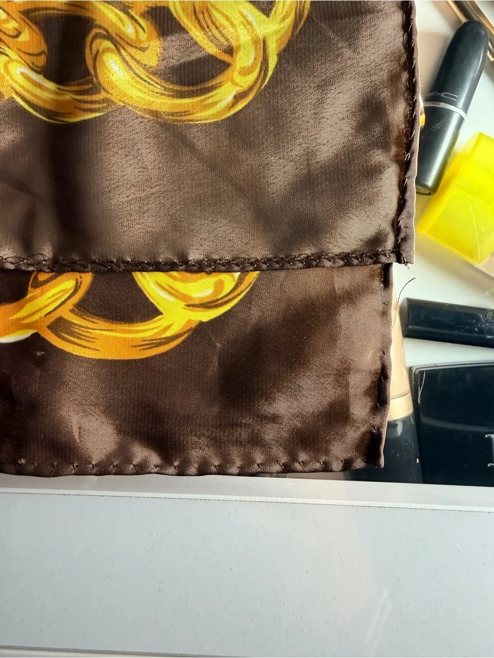 CHANEL Brown & Gold Chain Motif Silk Scarf